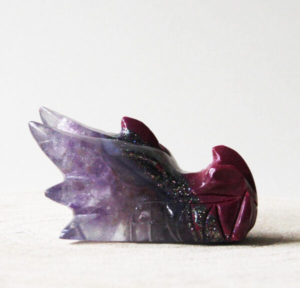 Orgonite drakenschedel met Amethist en Lepidoliet 50